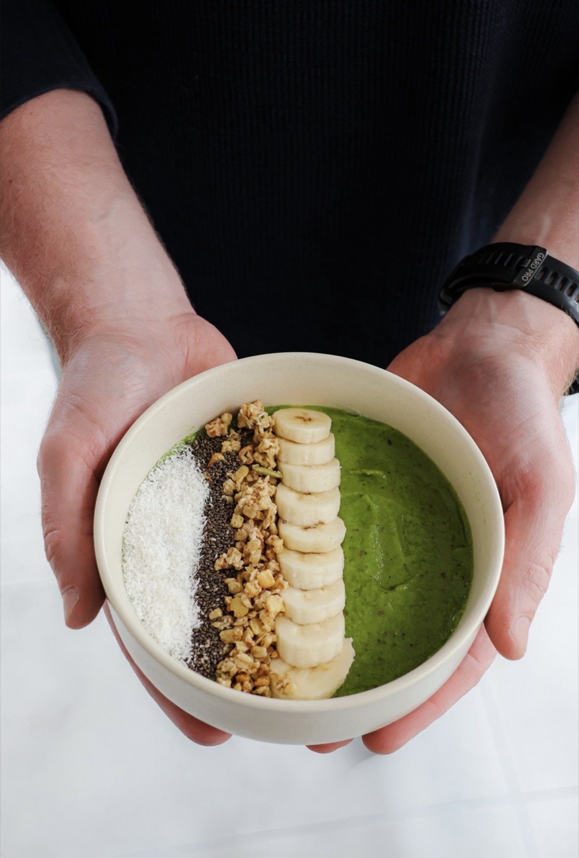Green MOJO bowl with banana granola chia and coconut